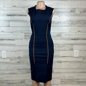 Pure Navy Brand Stretch Leather Trimmed Pencil Dress Navy Blue Women’s Size 8